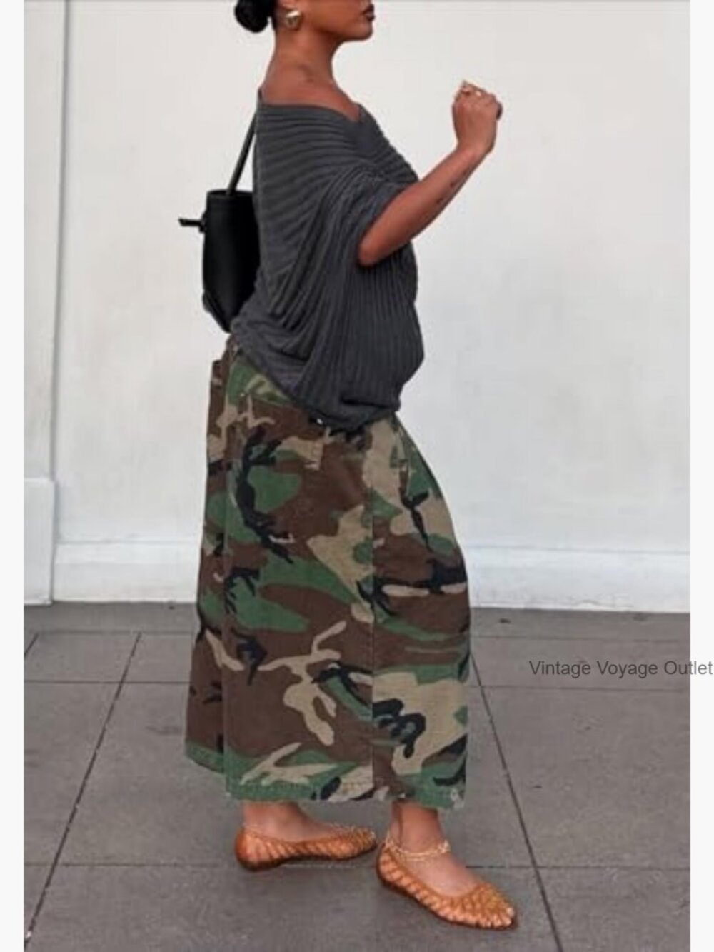 Women's Camo Barrel Pants High Waisted Wide Leg Cropped Trousers - Picture 6 of 7